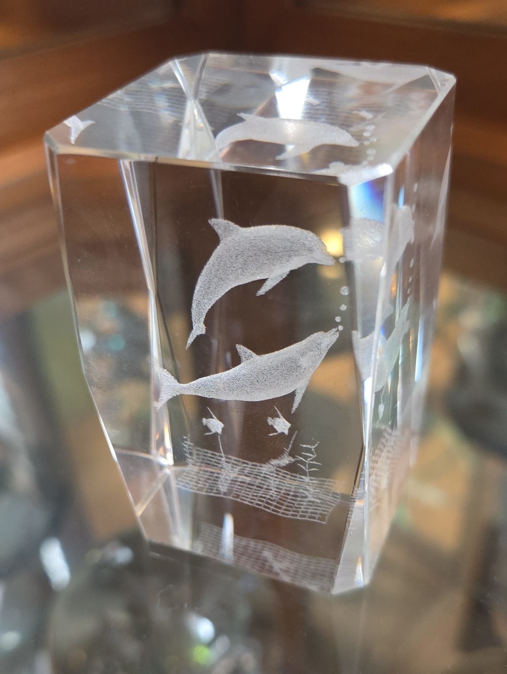 Crystal Paperweight with Etched Dolphins - Clear